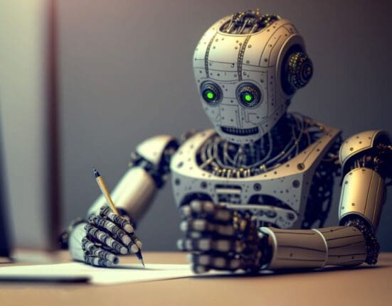 artificial intelligence shown by a robot working as a seo content editor